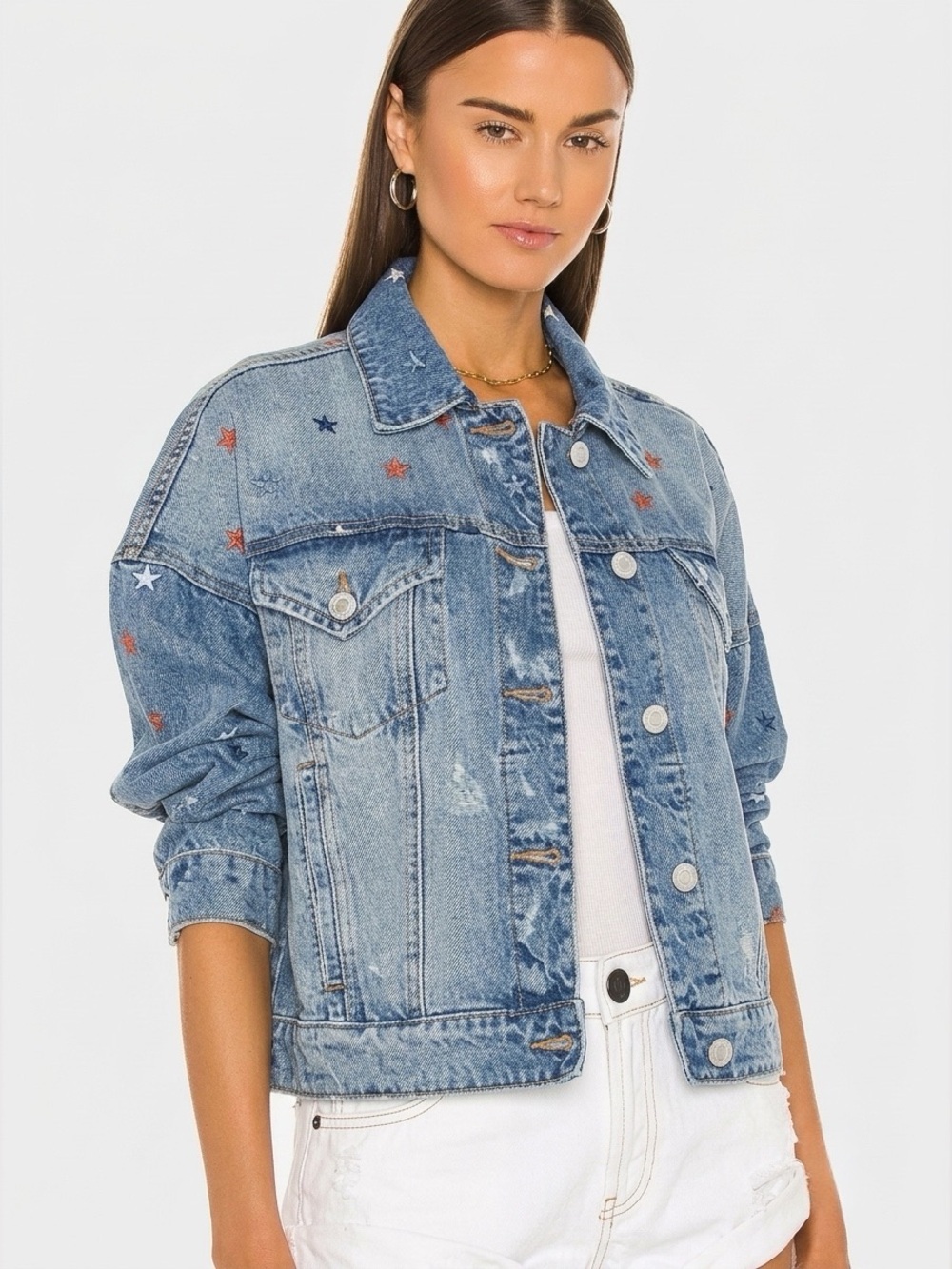 Blank NYC Light Blue Denim Jacket with Red & White Star Embroidery Size Small